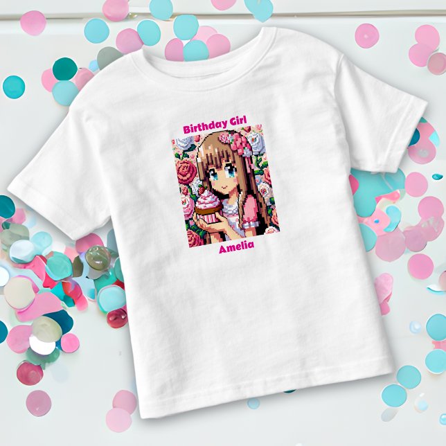 Pixel Art Girl's Pink Birthday Girl Personalisiert Kleinkind T-shirt (Von Creator hochgeladen)