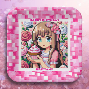Pixel Art Girl's Pink Birthday Party Personalisier Pappteller