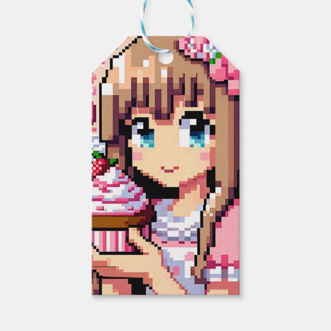 Pixel Art Girls rosa Geburtstagskarte Geschenkanhänger (Vorderseite)