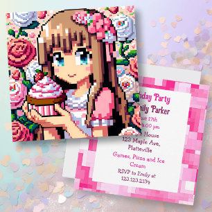 Pixel Art Girls rosa Geburtstagsparty Einladung