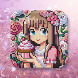 Pixel Art Girls rosa Geburtstagsparty Pappteller