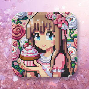 Pixel Art Girls rosa Geburtstagsparty Pappteller