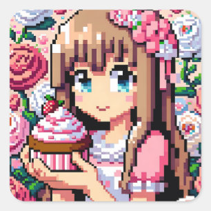 Pixel Art Girls rosa Geburtstagsparty Quadratischer Aufkleber