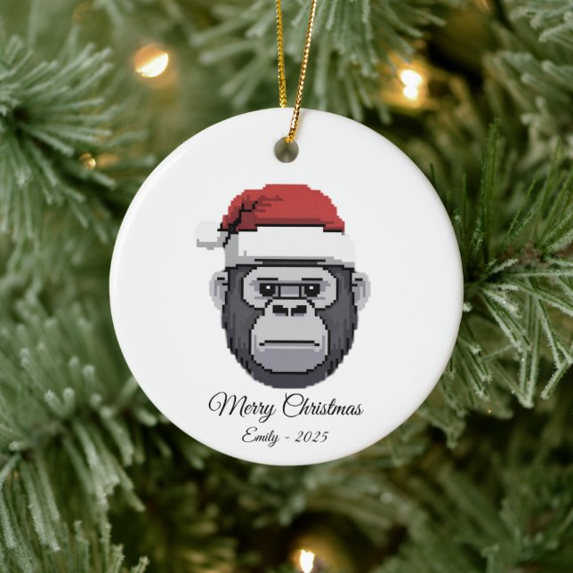 Pixel Art Gorilla Ape Santa Hat Christmas Gift Keramik Ornament (Baum)