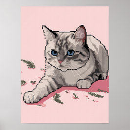 Pixel Art Graue Ragdoll Katze mit blauen Augen Poster
