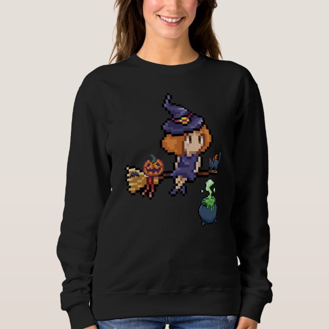 Pixel Art Halloween Hexe auf Broomstick mit Cat Sweatshirt (Vorderseite)