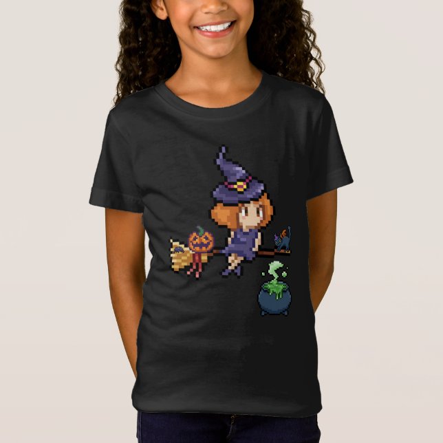 Pixel Art Halloween Hexe auf Broomstick mit Cat T-Shirt (Vorderseite)
