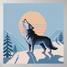 Pixel Art Howling Wolf bei Sunset