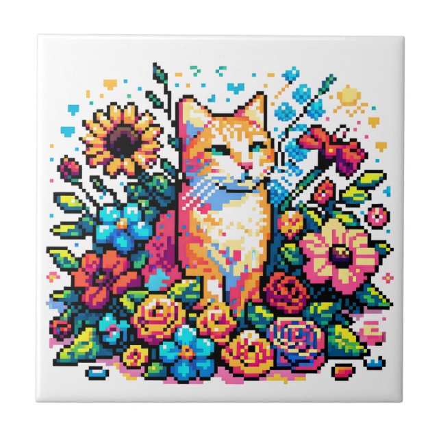 Pixel Art | Katzen in Blume Fliese (Vorderseite)