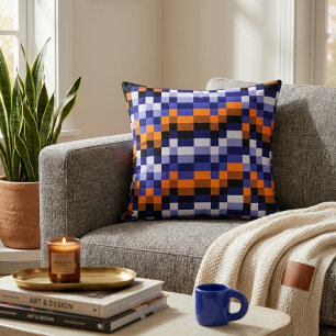 Pixel Art Kissenbezug – Blau, Orange & Erde Kissen