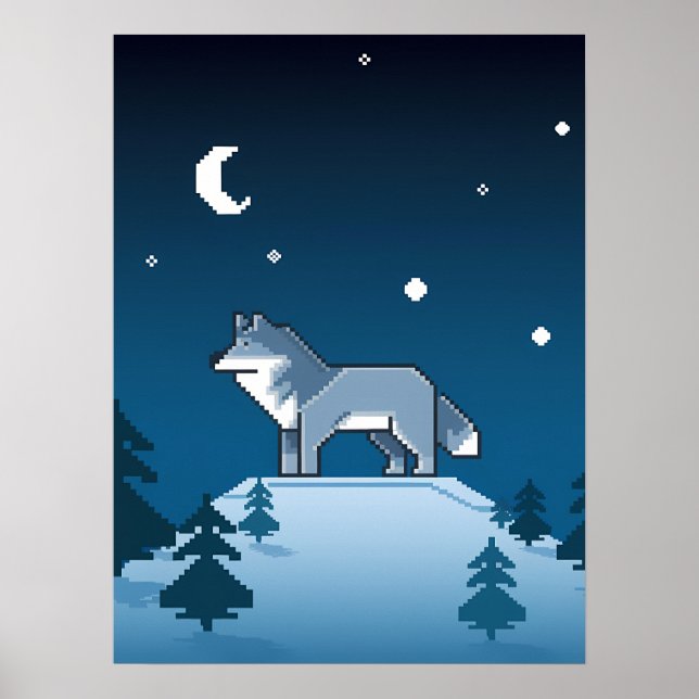 Pixel Art Lone Wolf unter dem Mond Poster (Vorne)
