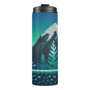 Pixel Art nahtloser Hintergrund. Ort mit Schnee Thermosbecher