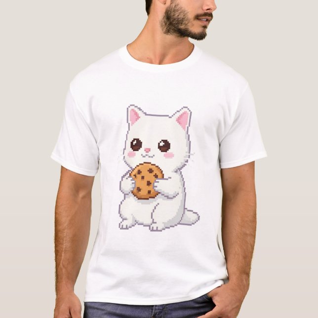 Pixel Art Niedlich Cat mit Cookie - Adorable und S T-Shirt (Vorderseite)