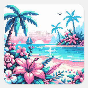 Pixel Art Ocean Pink und Blue Tropical Art Quadratischer Aufkleber