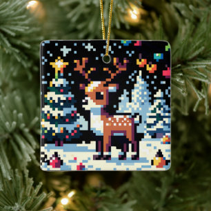 Pixel Art Reindeer in Schneehocht Keramikornament