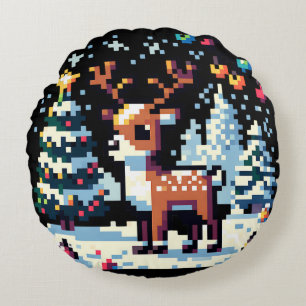 Pixel Art Reindeer in Schneehocht Rundes Kissen