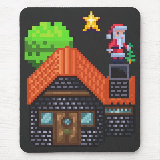 Pixel Art Santa auf dem Dach Weihnachtshaus Szene Mousepad (Vorne)
