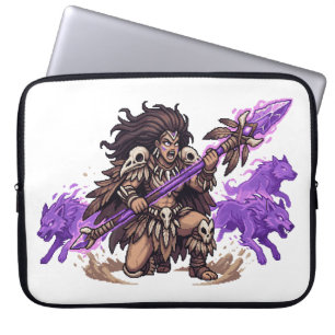 Pixel-Art-Schamane-Krieger mit Geistwölfen Fantasi Laptopschutzhülle