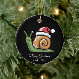 Pixel Art Schnecke Santa Hut Schwarz Keramik Ornament