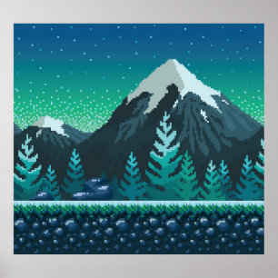 Pixel Art: Schneeberge Nacht. Poster