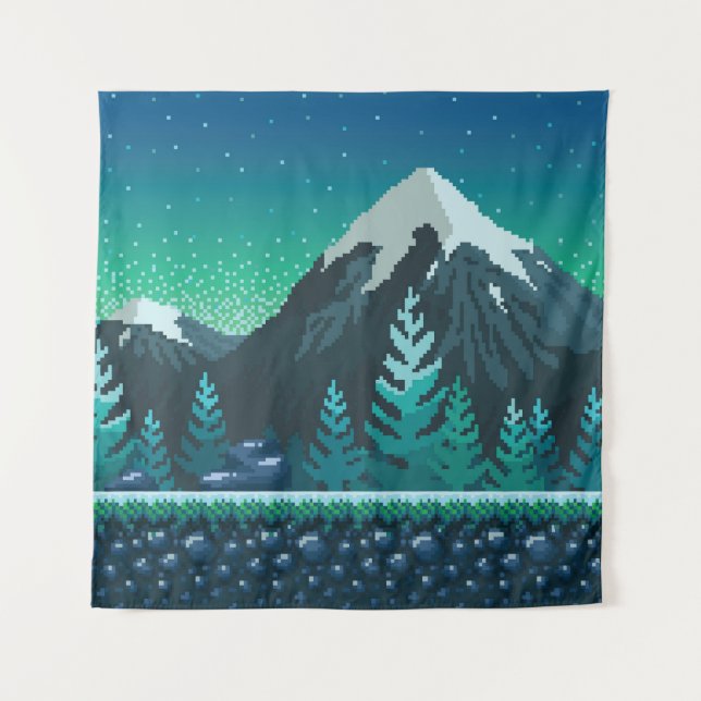 Pixel Art: Schneeberge Nacht. Wandteppich (Vorderseite)
