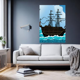 Pixel Art, Segelboot auf dem großen Meer   Art der Poster