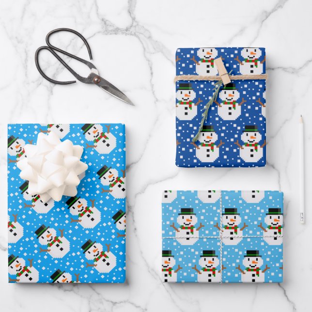 Pixel Art SNOWMAN Geschenkpapier Set (Vorderseite)