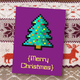 Pixel Art Weihnachtsbaum grün mit Dekorationen Feiertagspostkarte