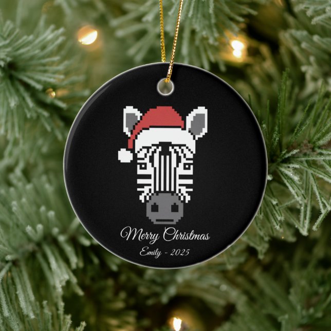 Pixel-Art-Zebra-Santa-Hut-schwarzer-Hintergrund-Ge Keramik Ornament (Baum)