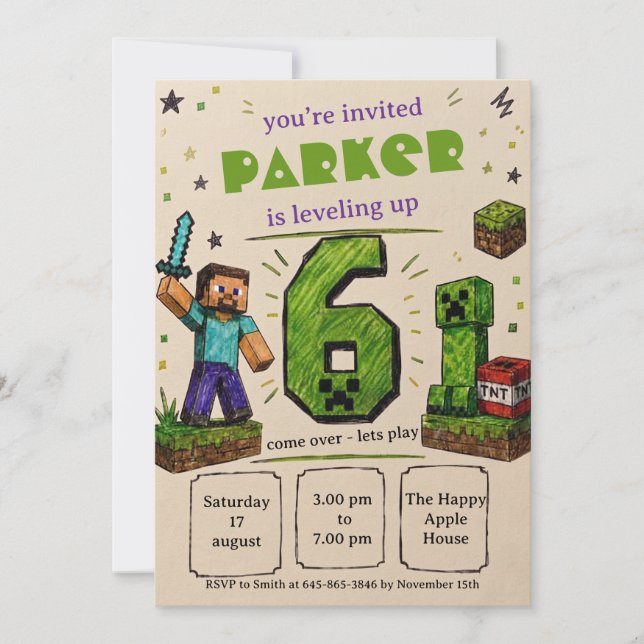 Pixel Block Geburtstag Einladung (Vorderseite)