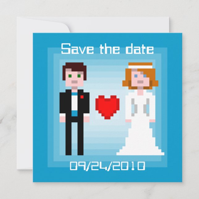 Pixel Bridge and Groom - Save the Date - Blau (Vorderseite)