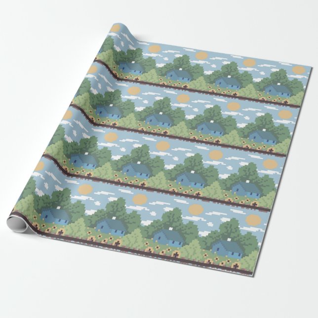 Pixel Countryside House Landscape Pattern Geschenkpapier (Ungerollt)