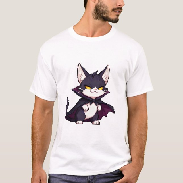 Pixel Dracula Cat – Smug Cute Vampire 8-Bit Cat T-Shirt (Vorderseite)