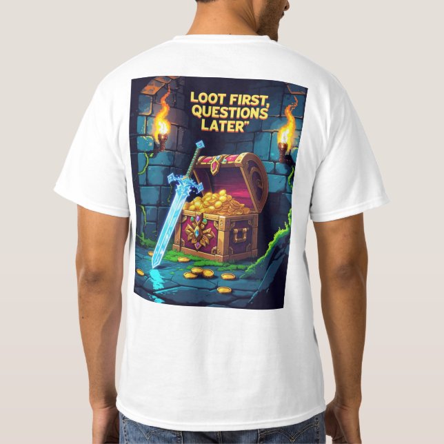 Pixel-Dungeon-Szene mit Schatztruhe T-Shirt (Rückseite)
