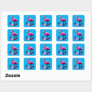 Pixel Flamingo - Lebhafter Retro Art Tropical Bird Quadratischer Aufkleber
