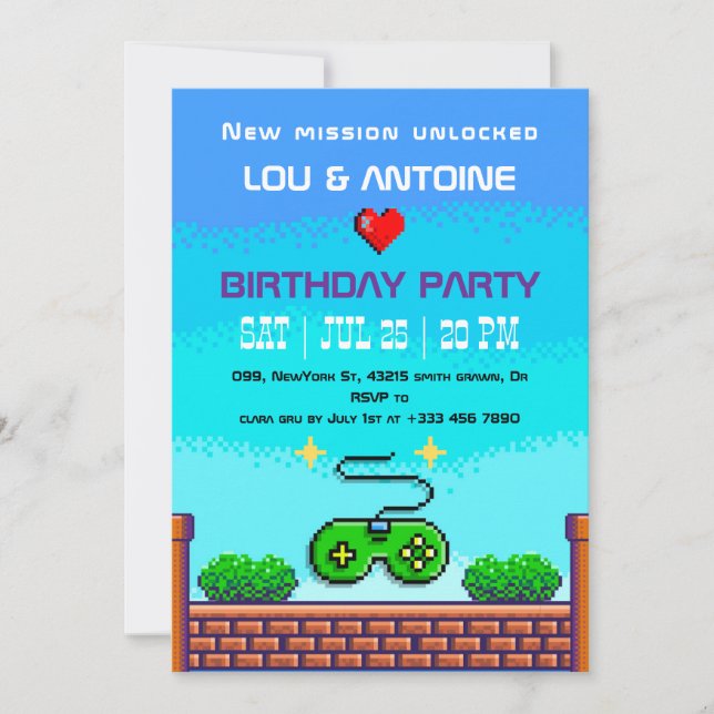 Pixel Gamer Birthday Invitation Einladung (Vorderseite)