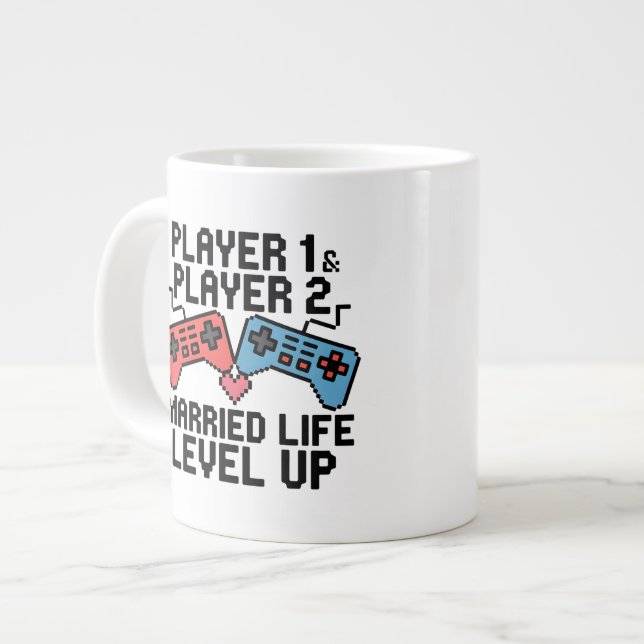 Pixel Gaming Couple Level Up Design Jumbo-Tasse (Vorderseite Links)