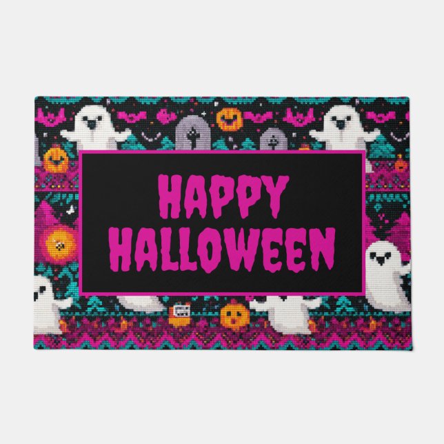 Pixel-Geister-Halloween-Pullover-Muster Fußmatte (Vorderseite)