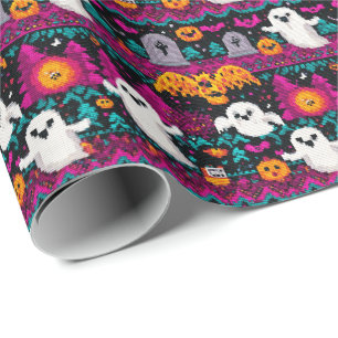 Pixel Ghosts Halloween Sweater Pattern Geschenkpapier