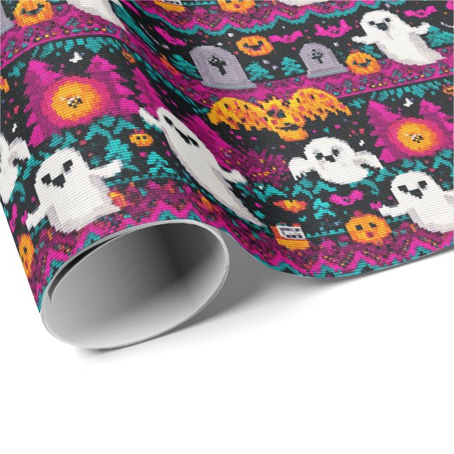 Pixel Ghosts Halloween Sweater Pattern Geschenkpapier (Rolleneckpunkt)