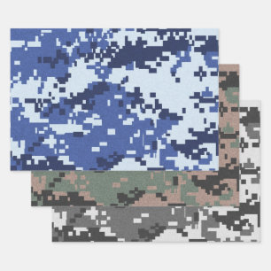 Pixel Green Grau Blue Camouflage Geschenkpapier Set