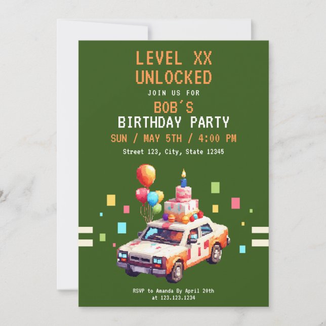Pixel Green & Orange Car Gaming Geburtstag Einladung (Vorderseite)