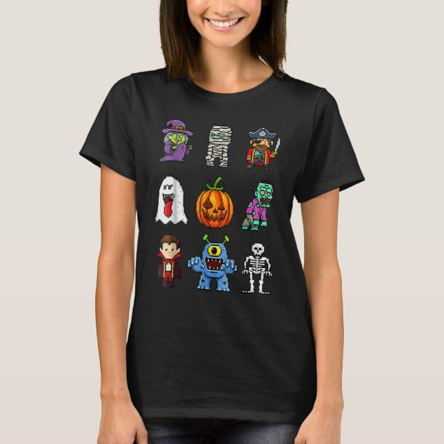 Pixel Halloween Witch Pumpkin Boo Pirate Skeleton  T-Shirt (Vorderseite)