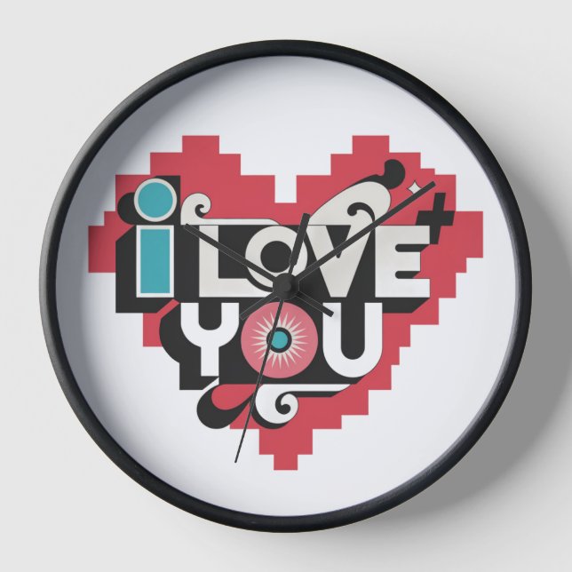 Pixel-Herz Ich liebe dich Retro-Typografie Uhr (Vorderseite)