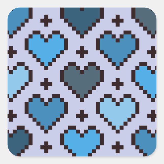 Pixel-Herzmuster blau und lila Quadratischer Aufkleber (Vorderseite)