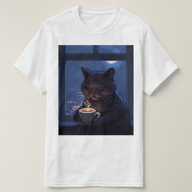 Pixel-Katze Spätabendkaffee – Gemütlicher 2-Uhr-Ch T-Shirt (Design vorne)