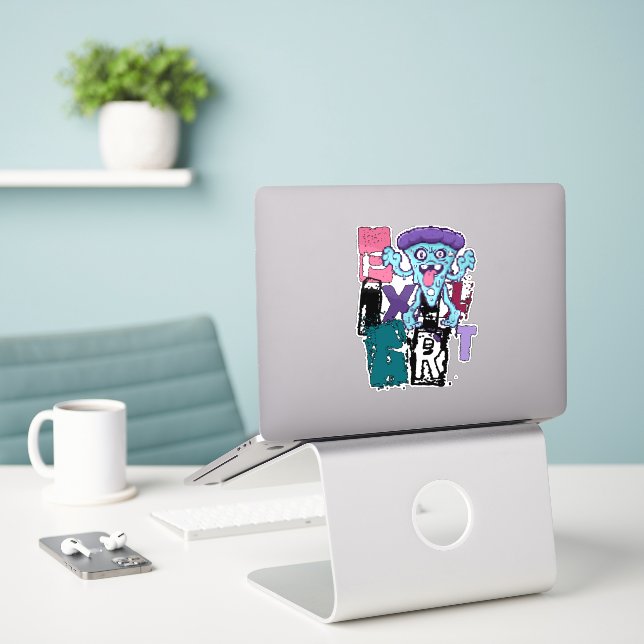 Pixel-Kunst und blaues Monster Aufkleber (Laptop auf Schreibtisch)