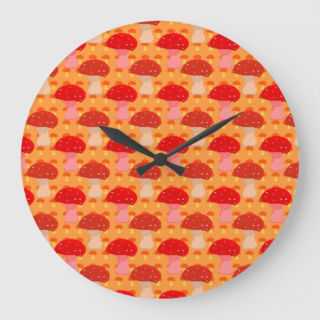 Pixel Mushroom Pattern - Orange Background Große Wanduhr (Vorderseite)