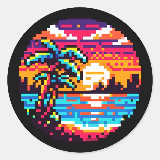 Pixel Paradies: 8-Bit-Tropical Sunset Retro-Natur Runder Aufkleber (Vorderseite)
