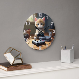"Pixel Paws: The Gamer Kitten in Action" Große Wanduhr